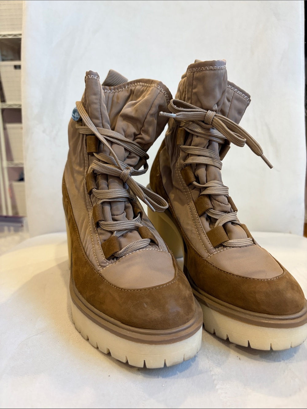 Dolce Vita Taupe Suede & Nylon Wedge Lace-Up Booties